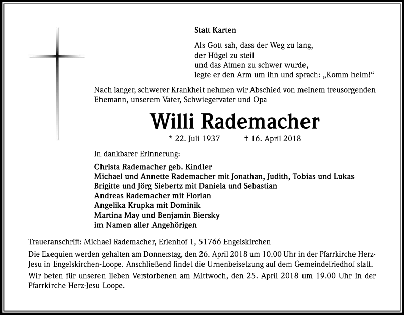  Traueranzeige für Willi Rademacher vom 21.04.2018 aus Kölner Stadt-Anzeiger / Kölnische Rundschau / Express