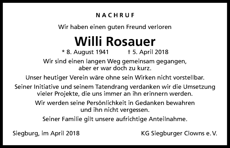  Traueranzeige für Willi Rosauer vom 18.04.2018 aus Kölner Stadt-Anzeiger / Kölnische Rundschau / Express