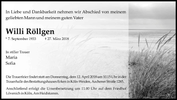 Anzeige von Willi Röllgen von Kölner Stadt-Anzeiger / Kölnische Rundschau / Express