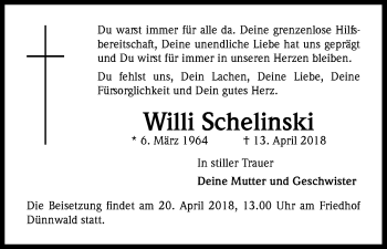 Anzeige von Willi Schelinski von Kölner Stadt-Anzeiger / Kölnische Rundschau / Express