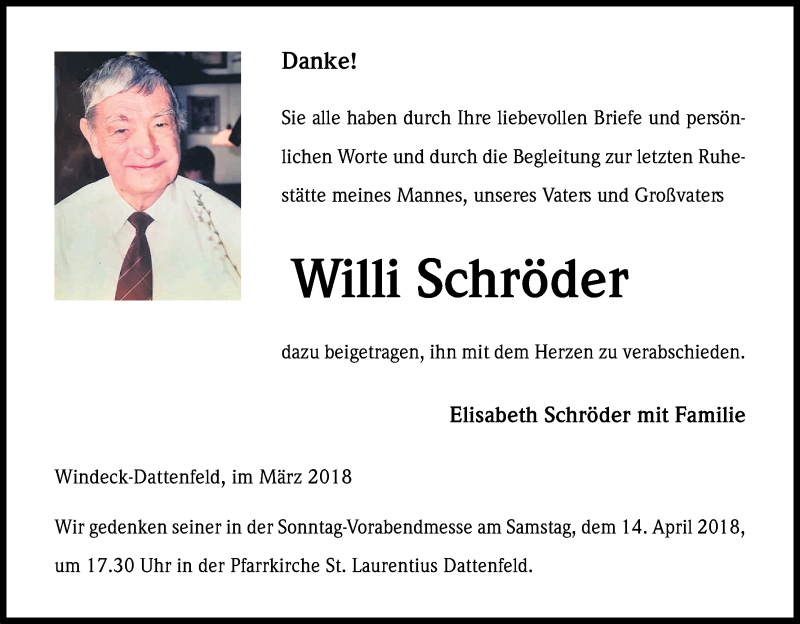  Traueranzeige für Willi Schröder vom 07.04.2018 aus Kölner Stadt-Anzeiger / Kölnische Rundschau / Express