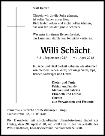 Anzeige von Willi Schächt von Kölner Stadt-Anzeiger / Kölnische Rundschau / Express