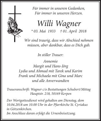 Anzeige von Willi Wagner von  Sonntags-Post 
