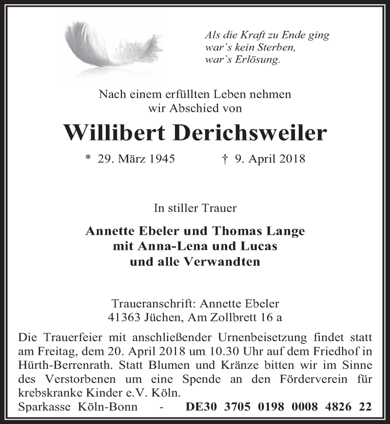  Traueranzeige für Willibert Derichsweiler vom 18.04.2018 aus  Wochenende 