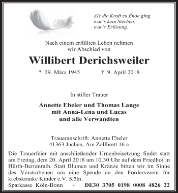 Anzeige von Willibert Derichsweiler von  Wochenende 