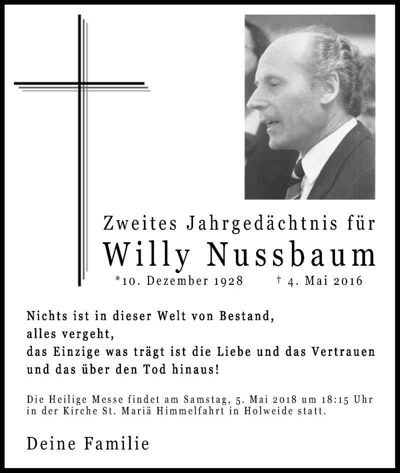  Traueranzeige für Willy Nussbaum vom 01.05.2018 aus Kölner Stadt-Anzeiger / Kölnische Rundschau / Express