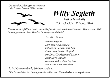 Anzeige von Willy Segieth von  Anzeigen Echo 