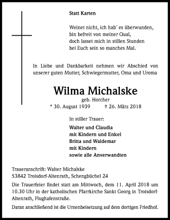 Anzeige von Wilma Michalske von Kölner Stadt-Anzeiger / Kölnische Rundschau / Express