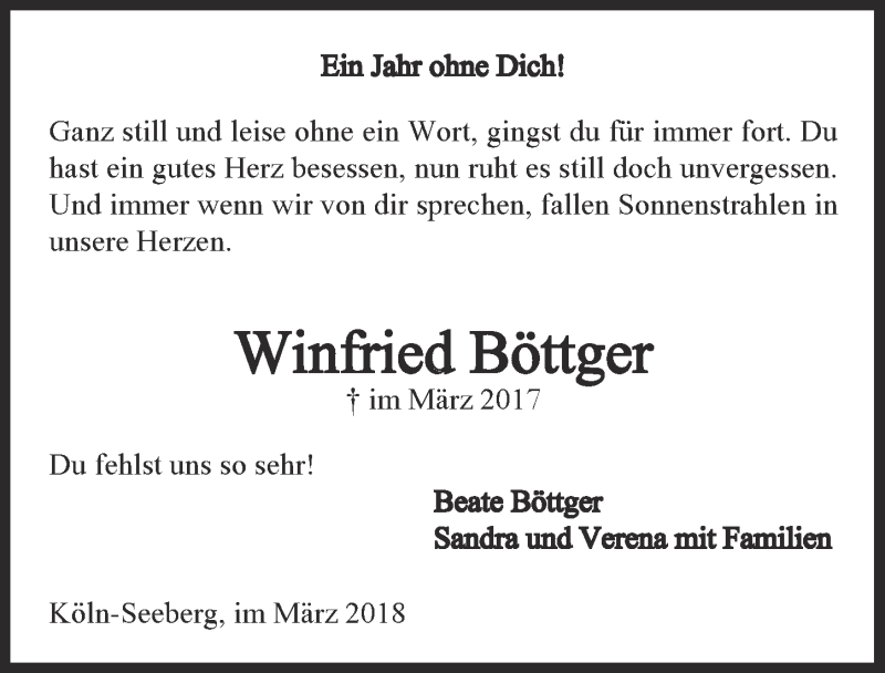  Traueranzeige für Winfried Böttger vom 04.04.2018 aus  Kölner Wochenspiegel 