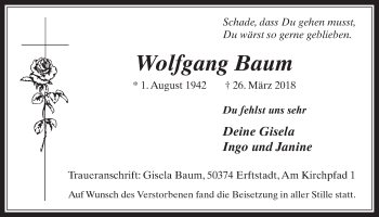Anzeige von Wolfgang Baum von  Werbepost 