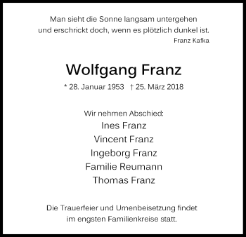 Anzeige von Wolfgang Franz von Kölner Stadt-Anzeiger / Kölnische Rundschau / Express