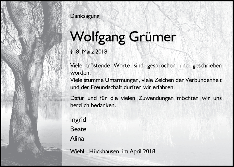  Traueranzeige für Wolfgang Grümer vom 25.04.2018 aus  Anzeigen Echo 