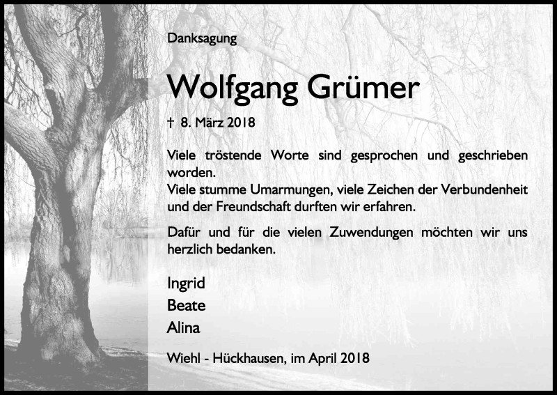  Traueranzeige für Wolfgang Grümer vom 27.04.2018 aus Kölner Stadt-Anzeiger / Kölnische Rundschau / Express
