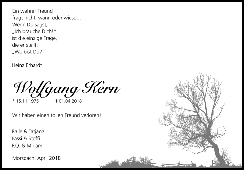 Traueranzeige für Wolfgang Kern vom 09.04.2018 aus Kölner Stadt-Anzeiger / Kölnische Rundschau / Express