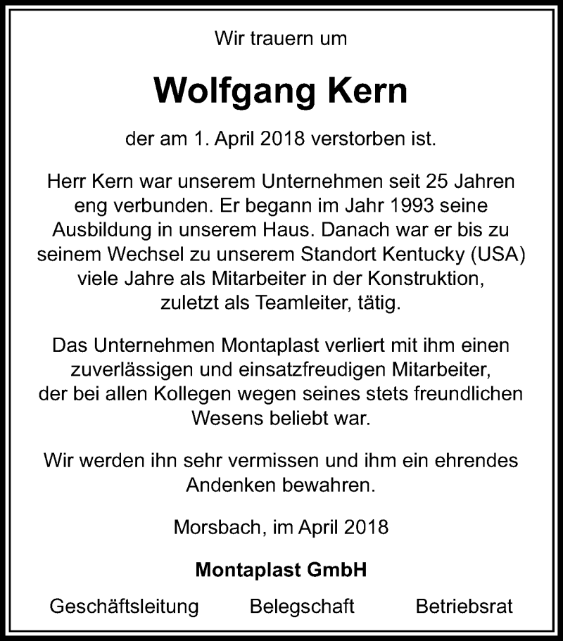  Traueranzeige für Wolfgang Kern vom 07.04.2018 aus Kölner Stadt-Anzeiger / Kölnische Rundschau / Express