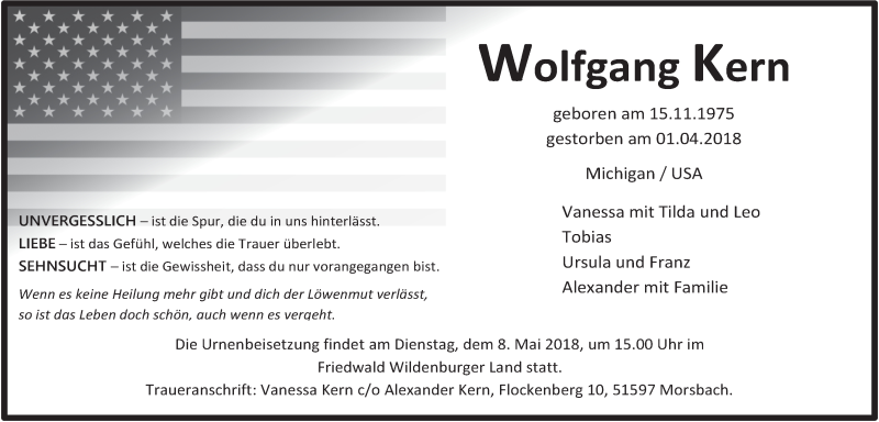  Traueranzeige für Wolfgang Kern vom 11.04.2018 aus  Lokalanzeiger 