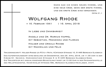 Anzeige von Wolfgang Rhode von Kölner Stadt-Anzeiger / Kölnische Rundschau / Express