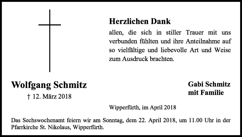  Traueranzeige für Wolfgang Schmitz vom 14.04.2018 aus Kölner Stadt-Anzeiger / Kölnische Rundschau / Express
