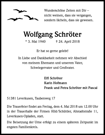 Anzeige von Wolfgang Schröter von Kölner Stadt-Anzeiger / Kölnische Rundschau / Express