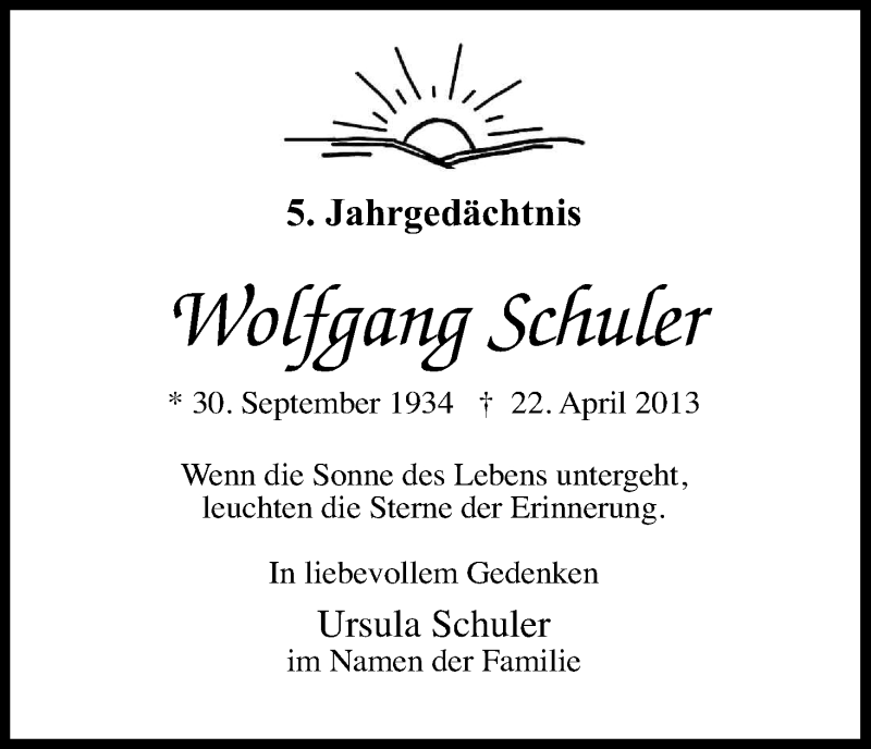  Traueranzeige für Wolfgang Schuler vom 21.04.2018 aus Kölner Stadt-Anzeiger / Kölnische Rundschau / Express