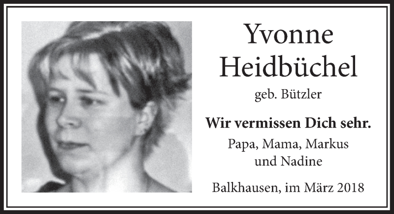  Traueranzeige für Yvonne Heidbüchel vom 07.04.2018 aus  Sonntags-Post 