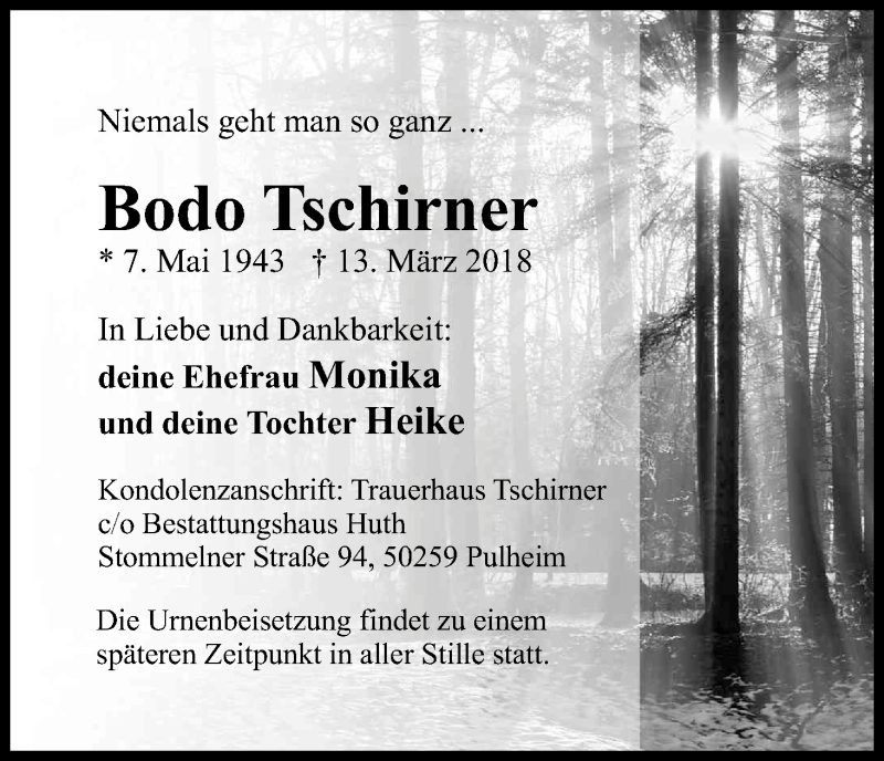  Traueranzeige für Bodo Tschirner vom 03.04.2018 aus Kölner Stadt-Anzeiger / Kölnische Rundschau / Express