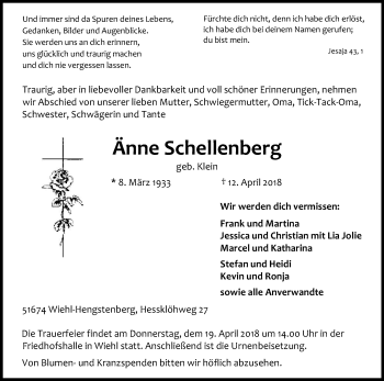 Anzeige von Änne Schellenberg von Kölner Stadt-Anzeiger / Kölnische Rundschau / Express
