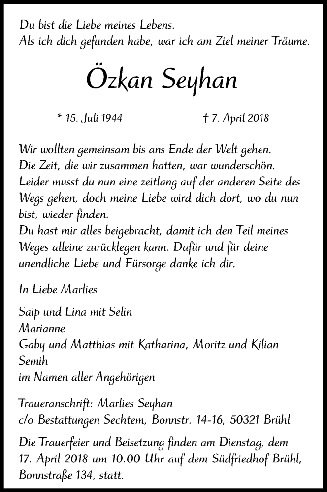  Traueranzeige für Özkan Seyhan vom 14.04.2018 aus Kölner Stadt-Anzeiger / Kölnische Rundschau / Express