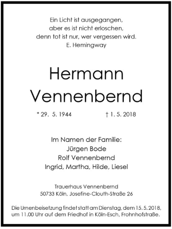 Anzeige von Hermann Vennenbernd von Kölner Stadt-Anzeiger / Kölnische Rundschau / Express