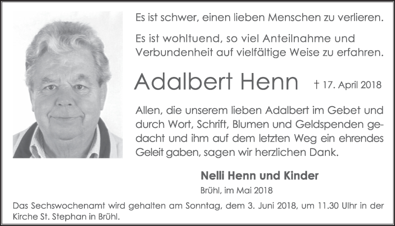  Traueranzeige für Adalbert Henn vom 23.05.2018 aus  Schlossbote/Werbekurier 