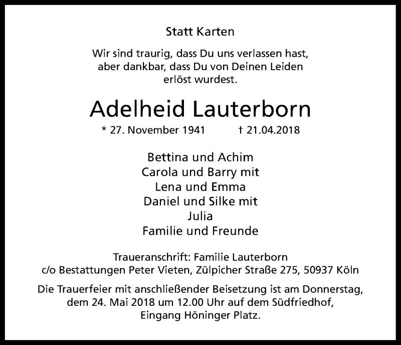  Traueranzeige für Adelheid Lauterborn vom 12.05.2018 aus Kölner Stadt-Anzeiger / Kölnische Rundschau / Express