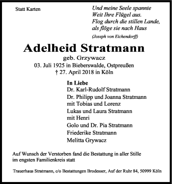 Anzeige von Adelheid Stratmann von Kölner Stadt-Anzeiger / Kölnische Rundschau / Express