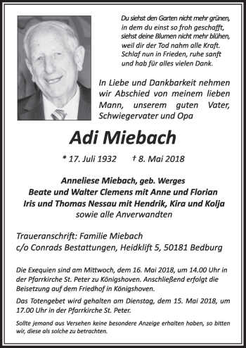 Anzeige von Adi Miebach von  Sonntags-Post 