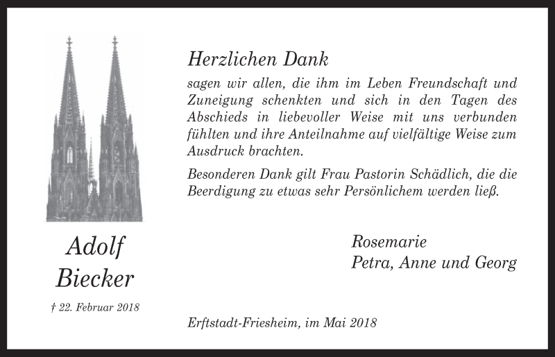 Traueranzeige für Adolf Biecker vom 02.05.2018 aus  Werbepost 