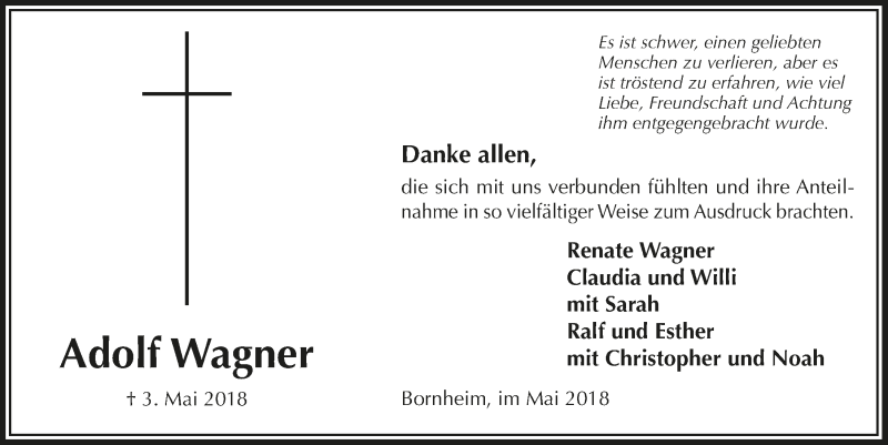  Traueranzeige für Adolf Wagner vom 30.05.2018 aus  Schaufenster/Blickpunkt 
