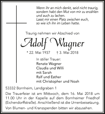 Anzeige von Adolf Wagner von  Schaufenster/Blickpunkt 
