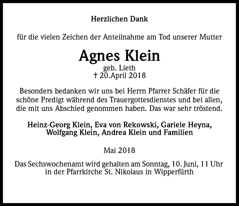  Traueranzeige für Agnes Klein vom 30.05.2018 aus Kölner Stadt-Anzeiger / Kölnische Rundschau / Express