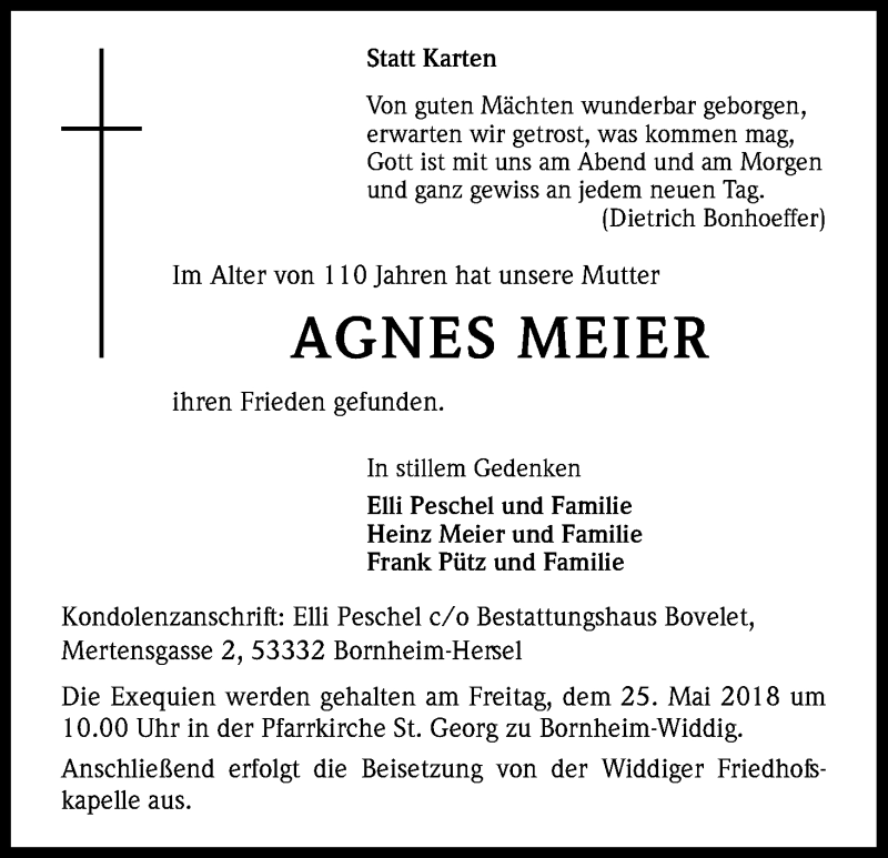  Traueranzeige für Agnes Meier vom 24.05.2018 aus Kölner Stadt-Anzeiger / Kölnische Rundschau / Express