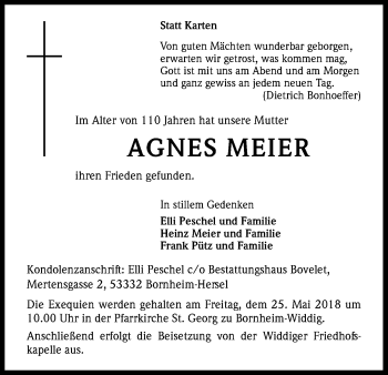 Anzeige von Agnes Meier von Kölner Stadt-Anzeiger / Kölnische Rundschau / Express