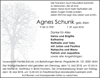 Anzeige von Agnes Schunk von  Schlossbote/Werbekurier 