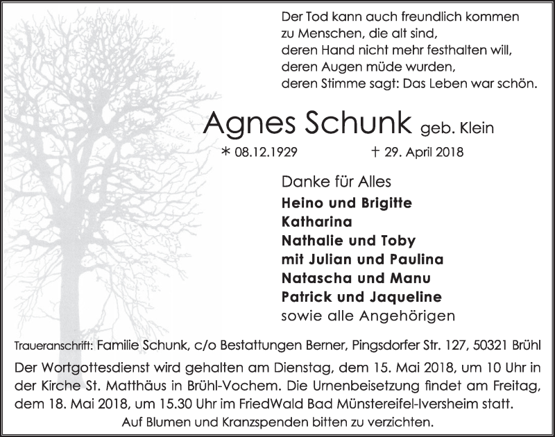  Traueranzeige für Agnes Schunk vom 09.05.2018 aus  Schlossbote/Werbekurier 