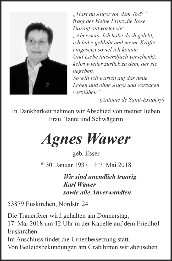  Traueranzeige für Agnes Wawer vom 12.05.2018 aus  Blickpunkt Euskirchen 