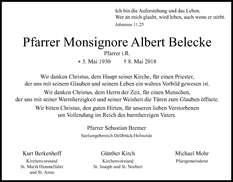  Traueranzeige für Albert Belecke vom 16.05.2018 aus Kölner Stadt-Anzeiger / Kölnische Rundschau / Express