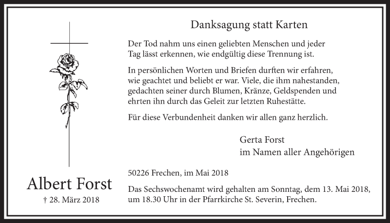  Traueranzeige für Albert Forst vom 05.05.2018 aus  Sonntags-Post 