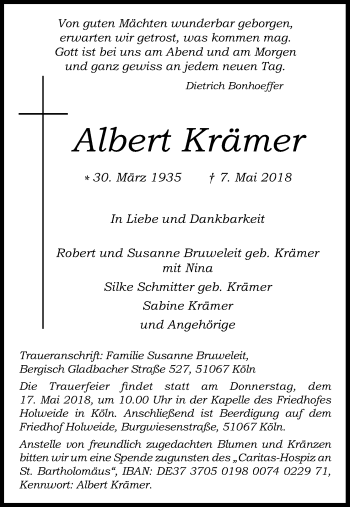 Anzeige von Albert Krämer von Kölner Stadt-Anzeiger / Kölnische Rundschau / Express