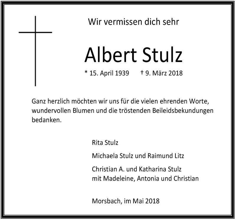  Traueranzeige für Albert Stulz vom 02.05.2018 aus  Lokalanzeiger 