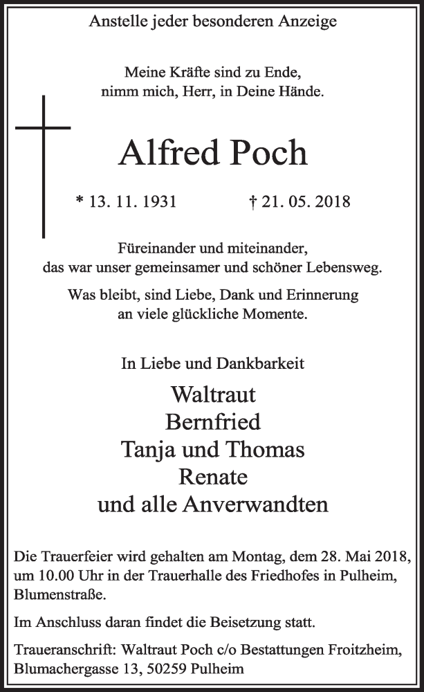  Traueranzeige für Alfred Poch vom 26.05.2018 aus  Sonntags-Post 