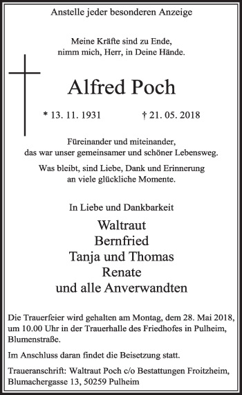 Anzeige von Alfred Poch von  Sonntags-Post 