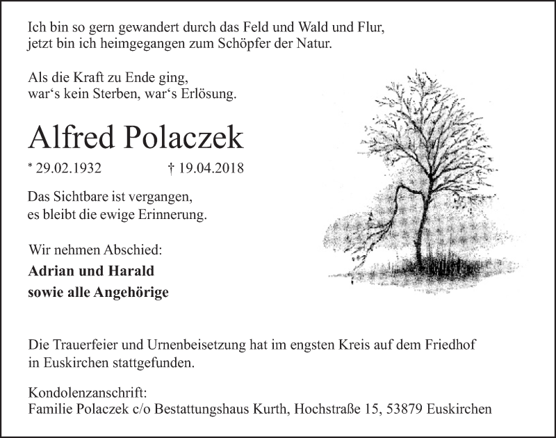  Traueranzeige für Alfred Polaczek vom 05.05.2018 aus  Blickpunkt Euskirchen 