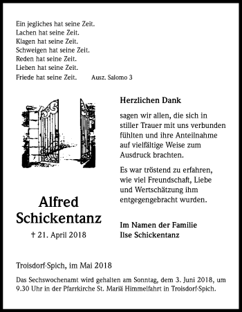 Anzeige von Alfred Schickentanz von Kölner Stadt-Anzeiger / Kölnische Rundschau / Express